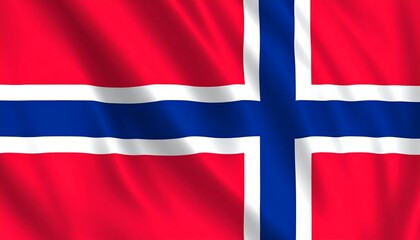 A vibrant digital rendering of the waving flag of Norway, showcasing its bold red, white, and blue colors.