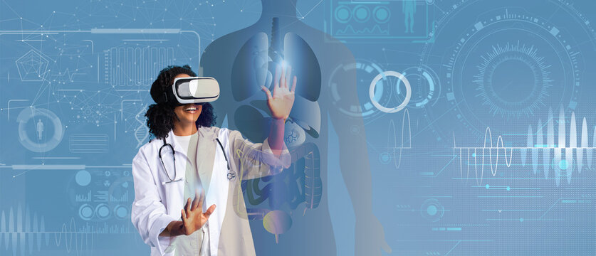 A healthcare professional engages with virtual reality technology to enhance patient care and medical training. The background features digital graphics illustrating the human body and health data.
