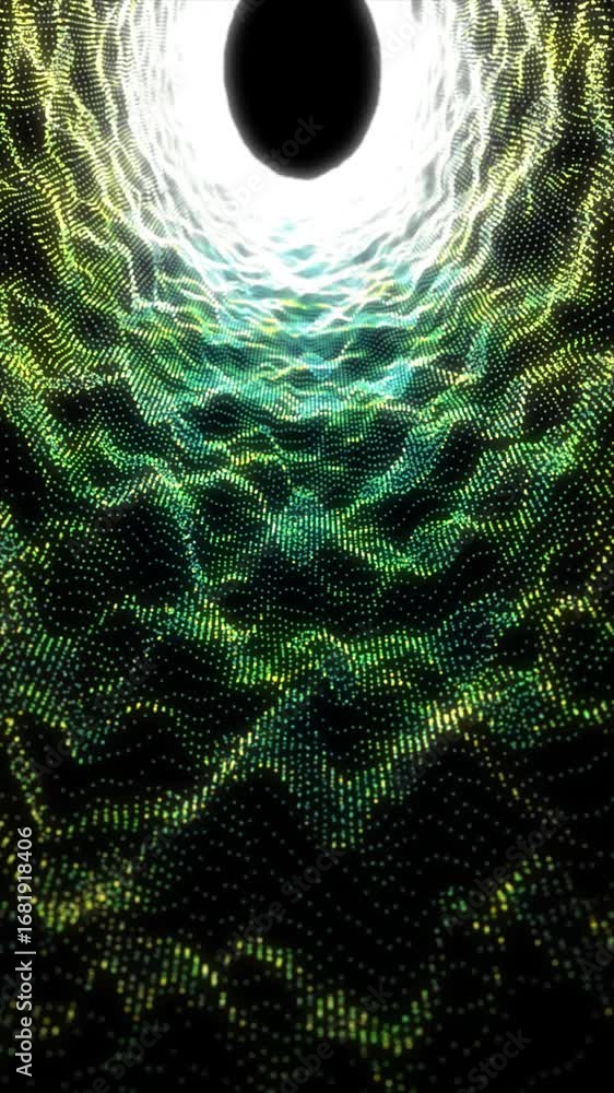 Poster abstract glowing green vortex with flowing dotted wave patterns forming a luminous tunnel