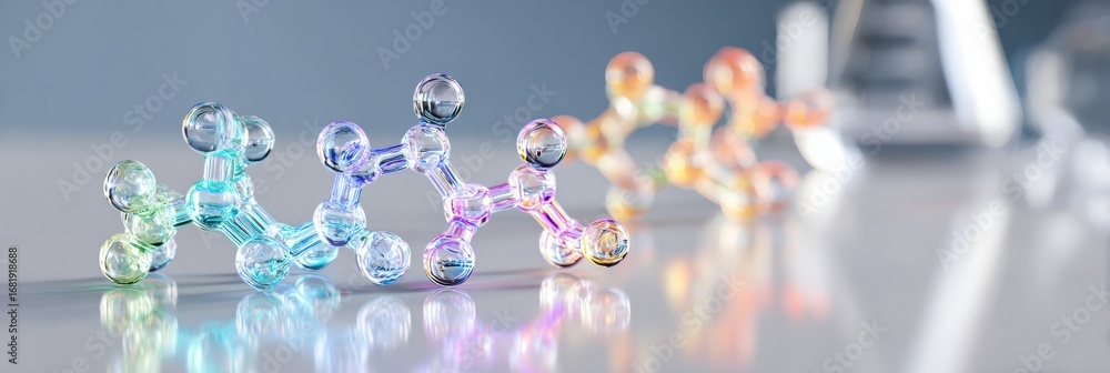 Poster colorful molecular models in various hues are displayed on a sleek surface within a laboratory envir