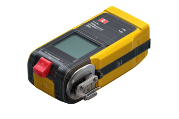 Portable, yellow, handheld device with a digital display and red button