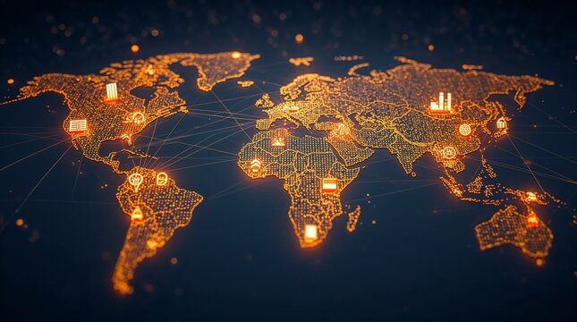 Global network connections with glowing nodes and lines representing worldwide communication and data transfer on a world map background for business and technology