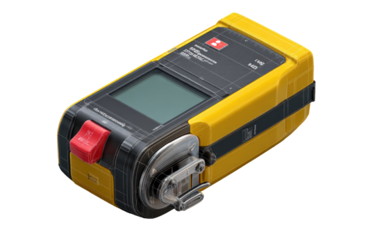Portable, yellow, handheld device with a digital display and red button