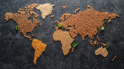 World map made of different types of beans on a dark background representing global agriculture and food production with a focus on sustainability and trade