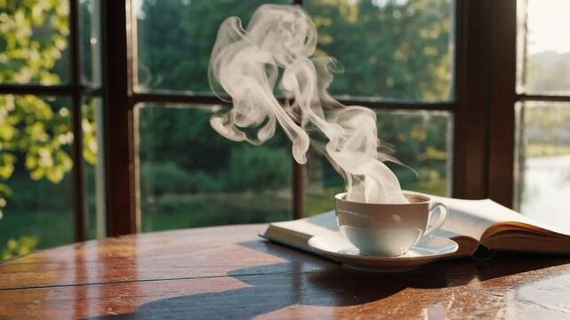 vessel containing hot beverage on surface and perusing literature beside opening in wall with tranquil natural scenery relaxing early hours