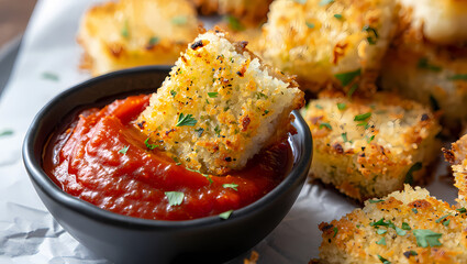 Close up of fried halloumi cheese cubes with tomato sauce dip, a delicious appetizer or snack, perfect for parties and events