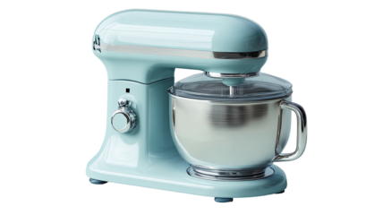 Light teal-colored stand mixer with a stainless steel bowl