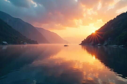 Serene bay at sunrise, mist clinging to the water, reflecting the golden light Tranquil scene, perfect for nature lovers and travel enthusiasts , coastal, morning