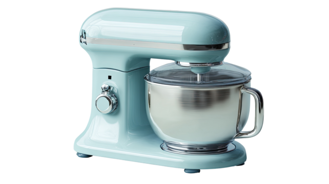 Light teal-colored stand mixer with a stainless steel bowl