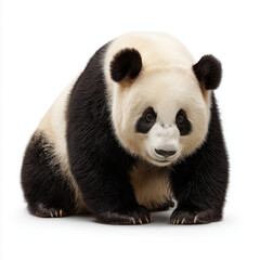 A giant panda with black and white fur, round face, gentle eyes, isolated on white background, symbol of peace, nature.