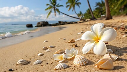 Tropical beach with white plumeria flowers and seashells on the sand ocean