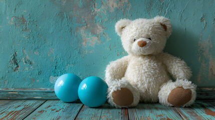 Teddy bear and two blue balls on a wooden floor, with a blue wall. Bored at gym children theme kids toys background. Christmas teddy bear, baby shower bear children's toy 
