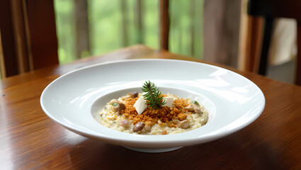 Elegant pasta dish with creamy mushroom sauce, truffle, and cheese, served on a white plate in a fine dining restaurant setting