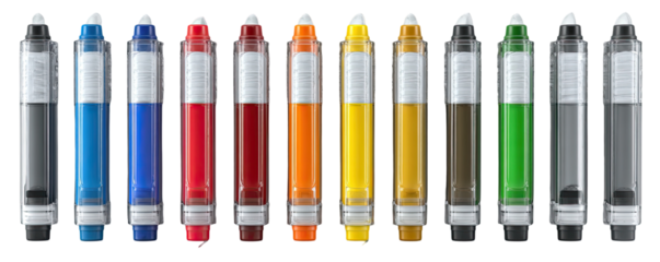 Row of colorful ink cartridges or markers