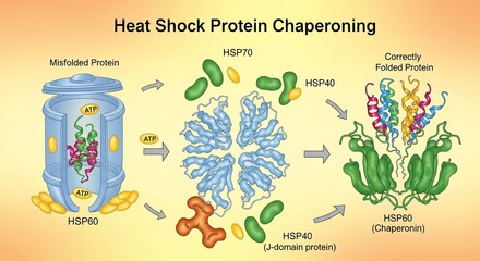 Molecular illustration of the chaperone machinery correcting a misfolded polypeptide chain using ATP for proper protein folding