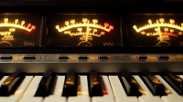 Vintage synthesizer keys with glowing VU meters pulsing rhythmically to an unseen atmospheric beat, creating a captivating musical mood.
