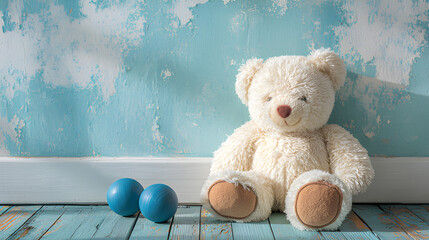 Teddy bear and two blue balls on a wooden floor, with a blue wall. Bored at gym children theme kids toys background. Christmas teddy bear, baby shower bear children's toy 
