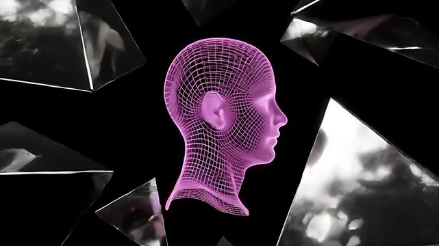 Abstract glowing pink wireframe head rotates slowly in a seamless loop, with chrome geometric pyramids and cubes phasing in and out.