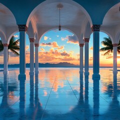 real-like photo of Greek columns in the center of the background on white beach sand, palm leaves on both sides, Athens Greece in the background