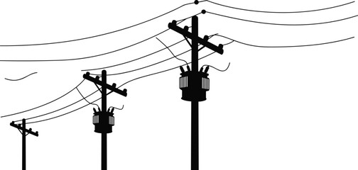 Silhouette of power poles with electric wires, black and white vector illustration, energy transmission lines, utility pole graphic art