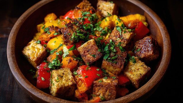 Wooden bowl filled with toasted bread cubes and colorful bell peppers