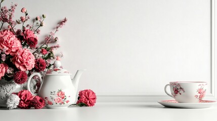 A floral arrangement with a teapot and teacup, evoking tranquility and elegance. The image features a delicate porcelain teapot, a matching teacup and saucer, and a bouquet of vibrant pink flowers.