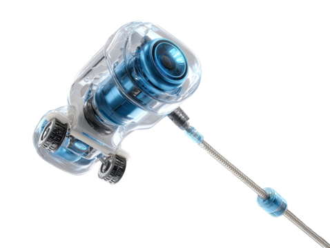 Transparent robotic lawn tool with a powerful blue engine.  Clear casing reveals internal mechanics.  High-tech design, futuristic