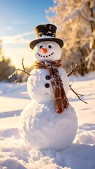 A joyful snowman stands in a snowy landscape, adorned with a brown scarf and a top hat, bathed in warm sunlight.