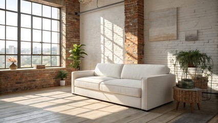 Modern loft living room with a white sofa, exposed brick walls, and large industrial windows interior