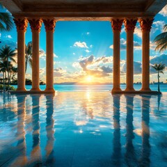 real-like photo of Greek columns in the center of the background on white beach sand, palm leaves on both sides, Athens Greece in the background