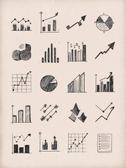 Hand-drawn representations of charts and graphs show trends, statistics, and data visualizations in a vintage aesthetic suitable for business presentations.