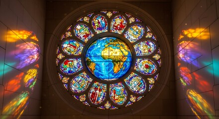 Obraz premium A Round Stained Glass Window with a Globe Motif and a Gentle Glow