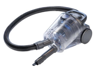 A transparent cordless vacuum cleaner with a flexible hose.  The internal workings are visible, showcasing the motor and air path