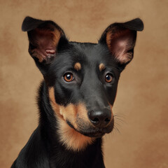 A loyal black and tan dog with soulful eyes, sleek fur, strong build, alert ears, radiating warmth, intelligence, and gentle charm on beige background 
