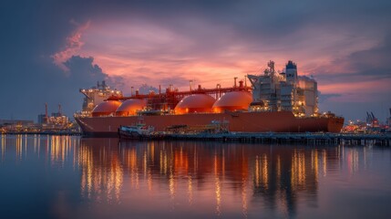 Obraz premium Commercial LNG carrier vessel docked at harbor with orange spherical tanks, maritime liquefied natural gas transport, energy shipping logistics, global marine freight, sea freight industry, gas tanker