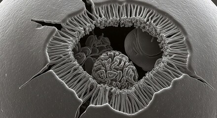 Monochrome electron micrograph capturing the intricate details inside a fractured microsphere, revealing a hidden world of complex particles