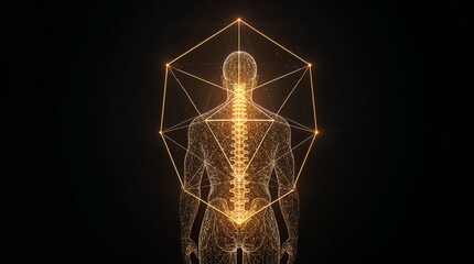Human anatomy with glowing geometric shapes highlighting the spine on a dark background representing health science and futuristic medical technology concept