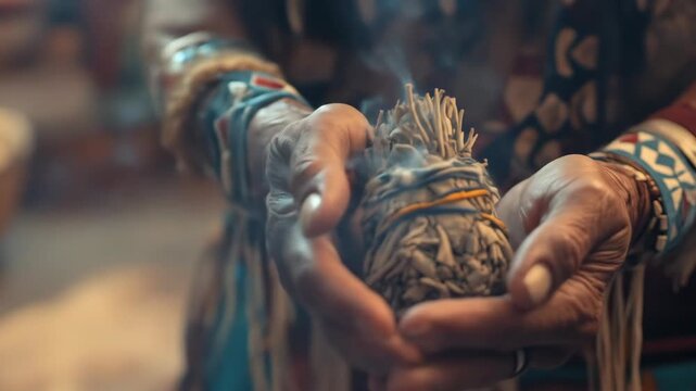 native american heritage day. indigenous smudging ceremony in tribal decorations, close up on hands holding bundle of sage with smoke. ancient spiritual or alternative medicine ritual