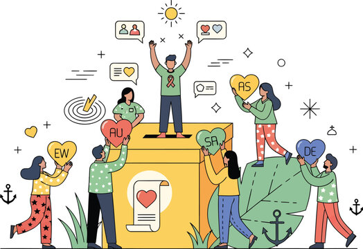 Vector illustration of community engagement and charity, with people putting hearts into a large donation box.