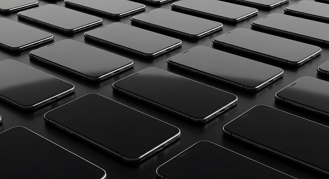 A grid of modern black smartphones on a dark surface