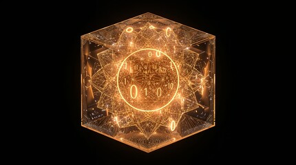 Futuristic glowing cube with binary code for cutting-edge technology concepts, digital security solutions, and innovative data visualization projects, modern tech