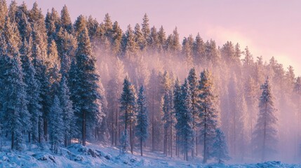 Obraz premium covered pine forest at sunrise with mist on white background