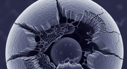 A false-color scanning electron micrograph of a fractured microscopic sphere, revealing its intricate internal organelles and layered structure