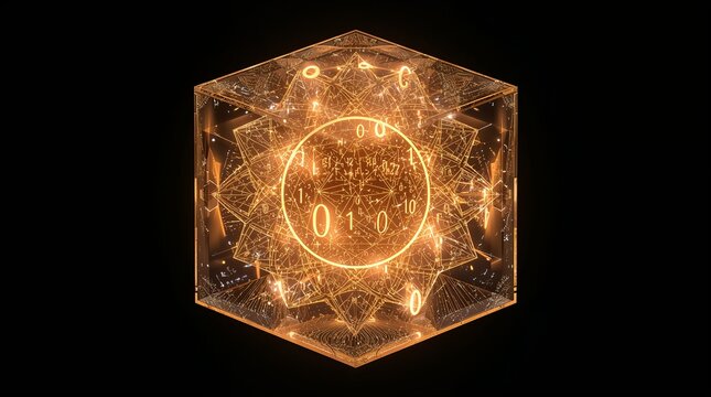Futuristic glowing cube with binary code for cutting-edge technology concepts, digital security solutions, and innovative data visualization projects, modern tech