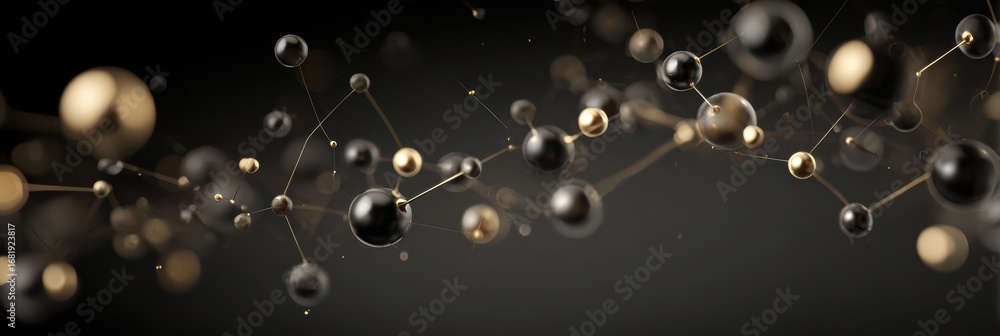 Poster dynamic molecular structures in black and gold float against a dark background, creating a visually 