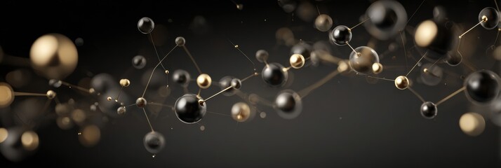 Dynamic molecular structures in black and gold float against a dark background, creating a visually striking abstract composition that evokes scientific themes.