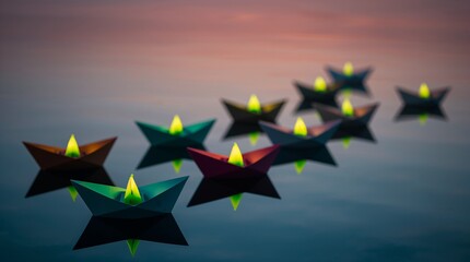 Serene paper boats with glowing candles drifting gently on calm water at twilight, creating a peaceful and reflective mood perfect for mindfulness campaigns