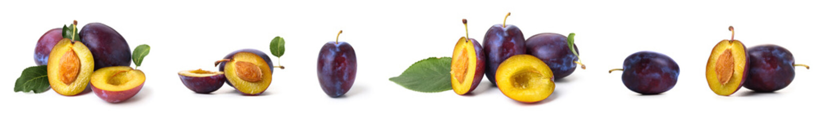 Set of ripe plums on white background