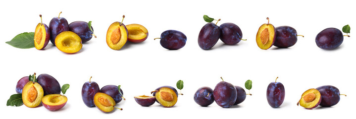 Set of ripe plums on white background