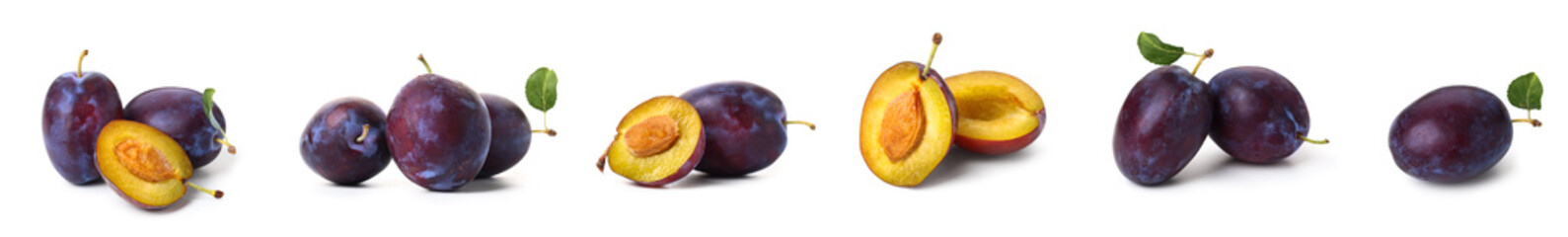Set of ripe plums on white background